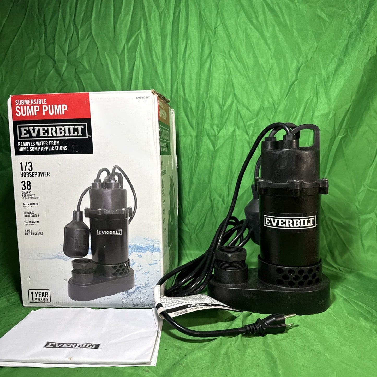 Everbilt 1/3 HP Corrosion Resistant Aluminum Sump Pump w/ Tether Switch NEW OB..