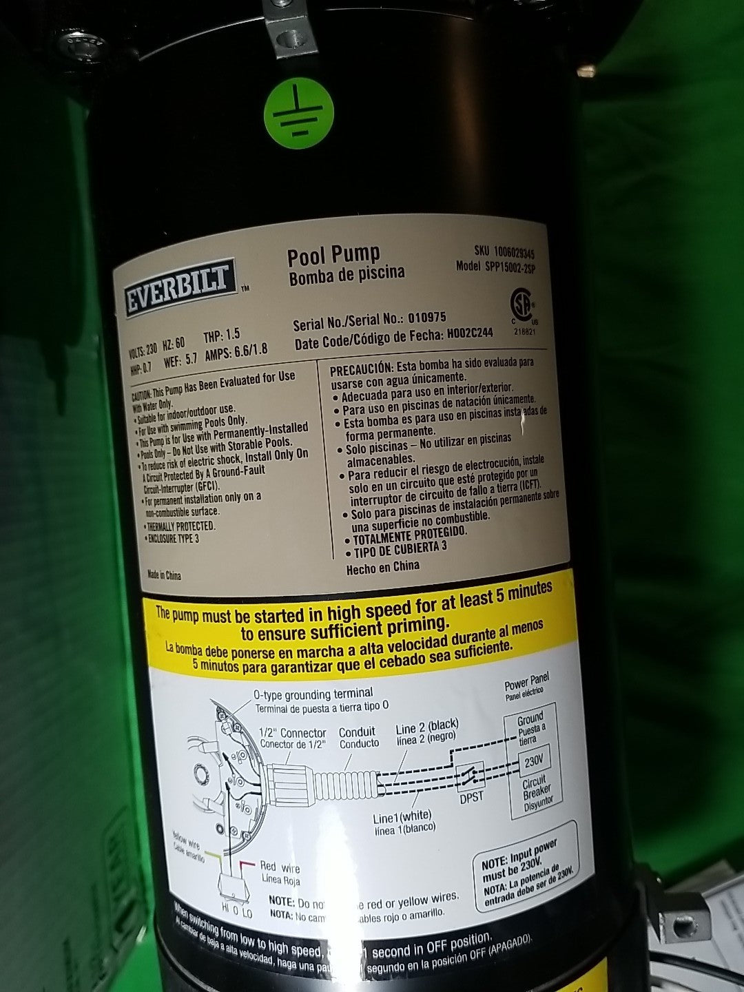 Everbilt Pool Pump Fan-Cooled Motor 1.5 HP 230V Has Unions.