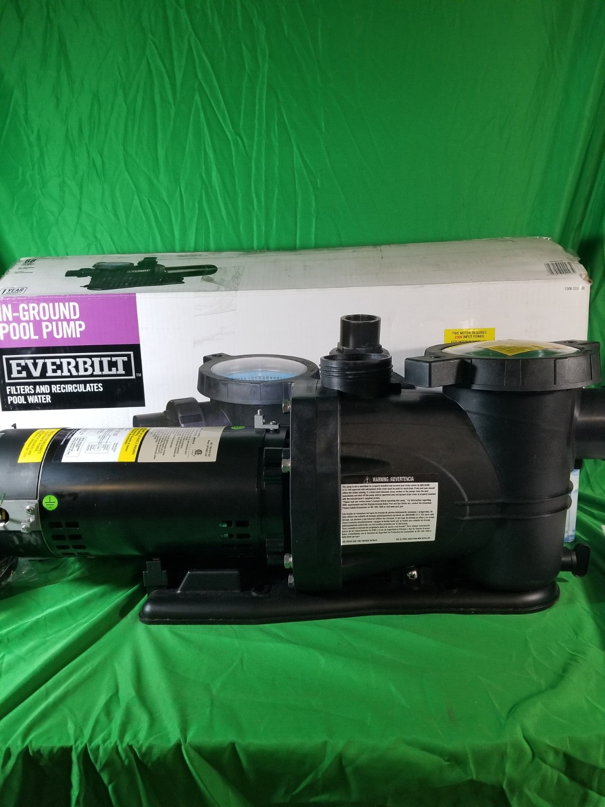 Everbilt Pool Pump Fan-Cooled Motor 1.5 HP 230V NEW OB Has Unions....