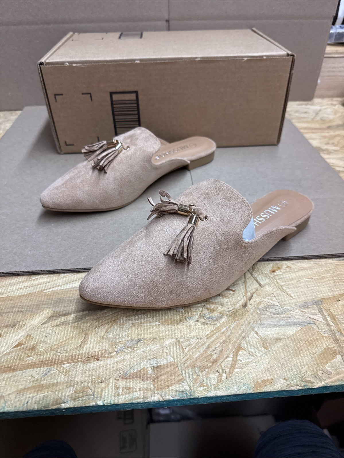 MUSSHOE women’s 7 pointed toe backless slip on slides loafer flats tassels