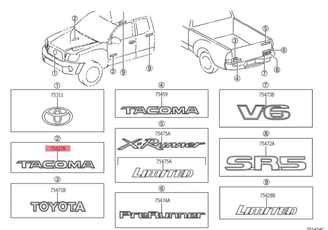 TOYOTA GENUINE OEM TACOMA EMBLEM 75427-04010 FRONT DOOR NAME PLATE NEW