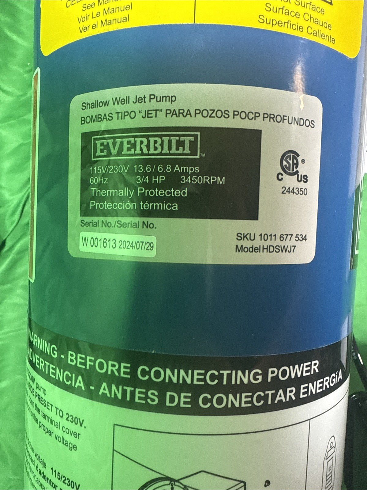 Brand New Everbilt 3/4 HP Cast Iron Shallow Well Jet Pump HDSWJ7