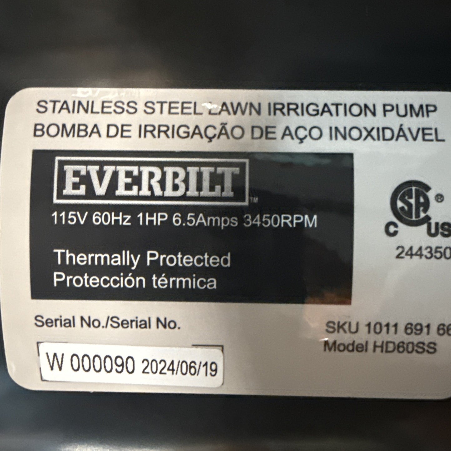 EVERBILT HD60SS 1 HP Stainless Steel Portable Lawn Irrigation Pump NEW OPEN BOX