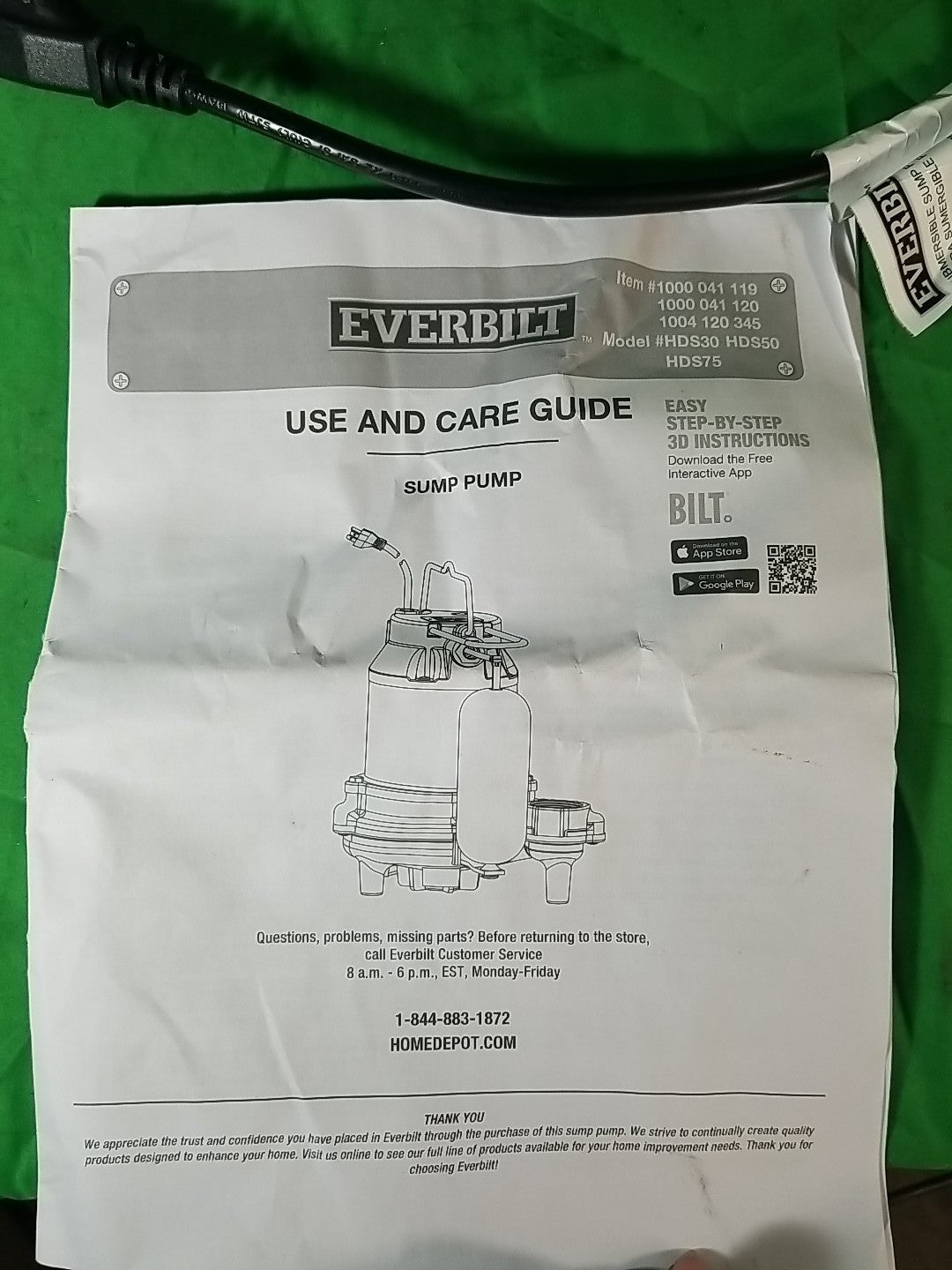 Everbilt 1/3 HP Cast Iron Submersible Sump Pump, USED Excellent Condition