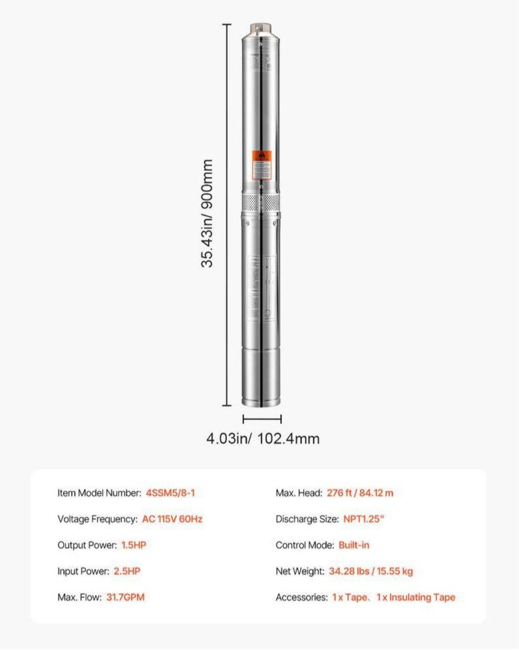VEVOR Deep Well Pump 1.5HP 31.7 GPM 267FT head 32 FT cord stainless steel