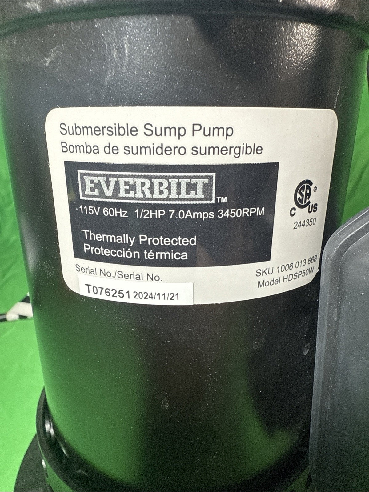 Everbilt HDSP50W 1/2 HP Submersible Aluminum Sump Pump with Tethered Switch
