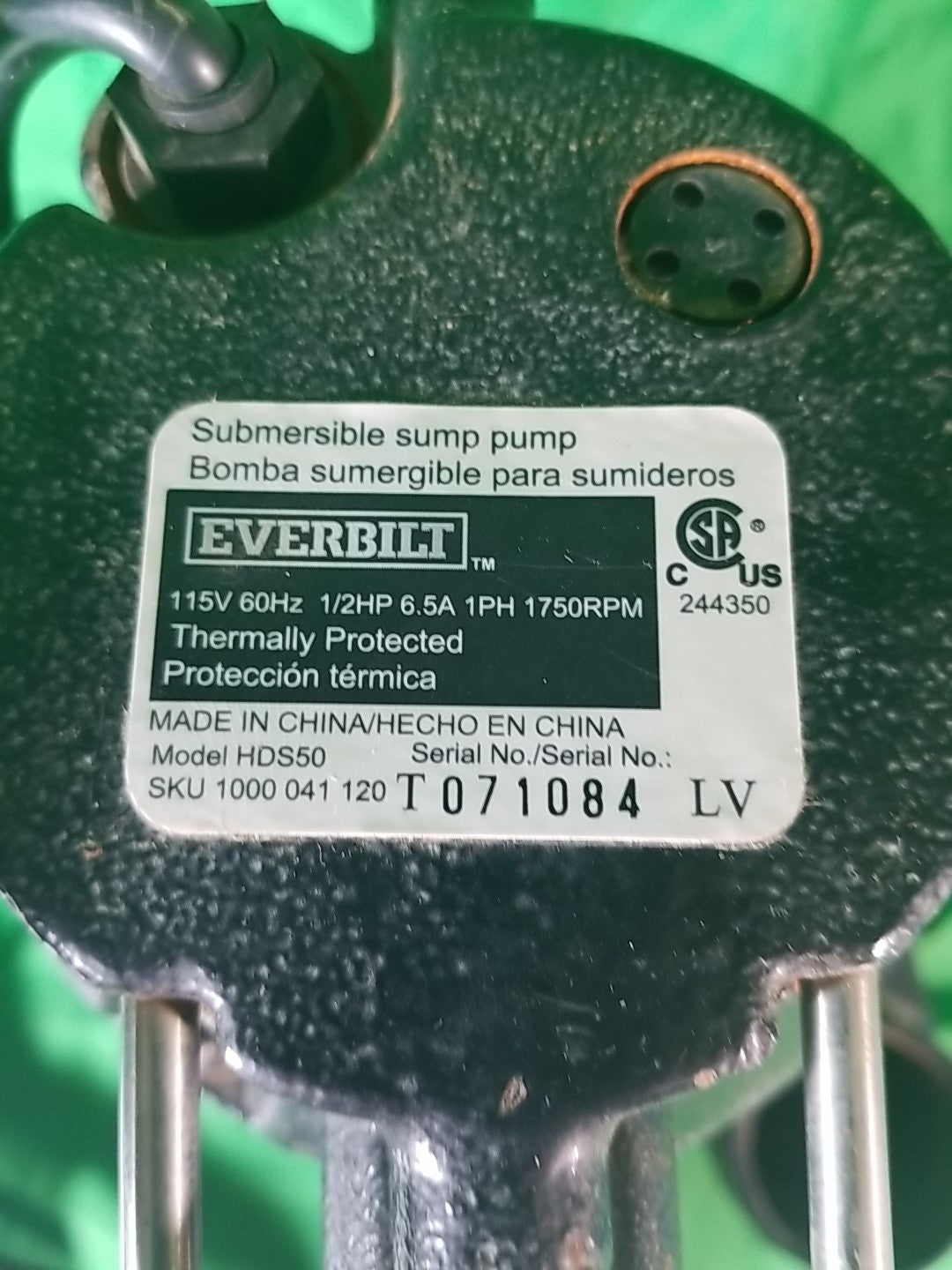 Everbilt 1/2 HP Cast Iron Sump Pump Model # HDS50 USED TESTED