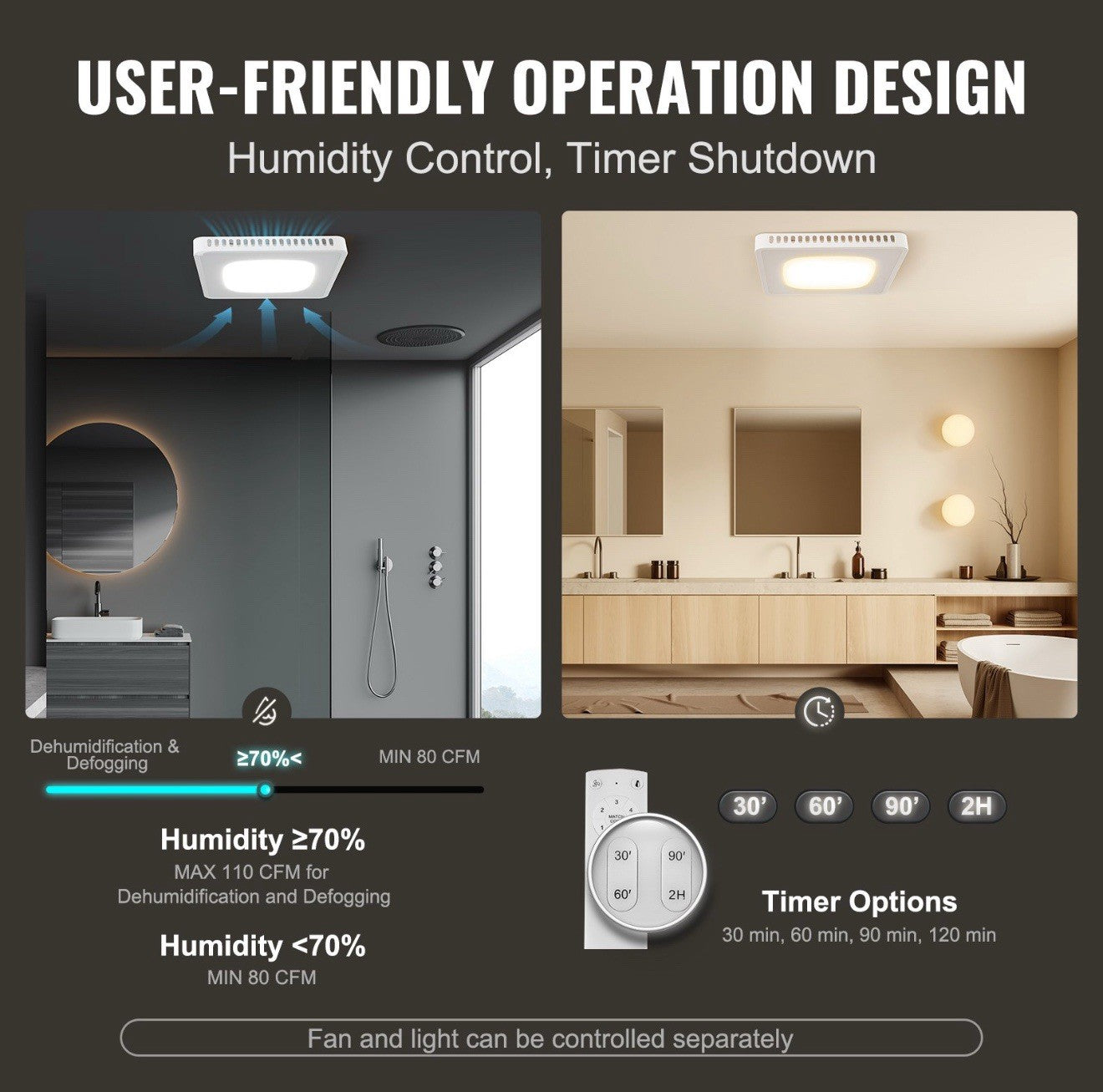 Bathroom Exhaust Fan, 8 LED Colors, 110 CFM, 1.5 Sones Low Noise, Energy-Saving