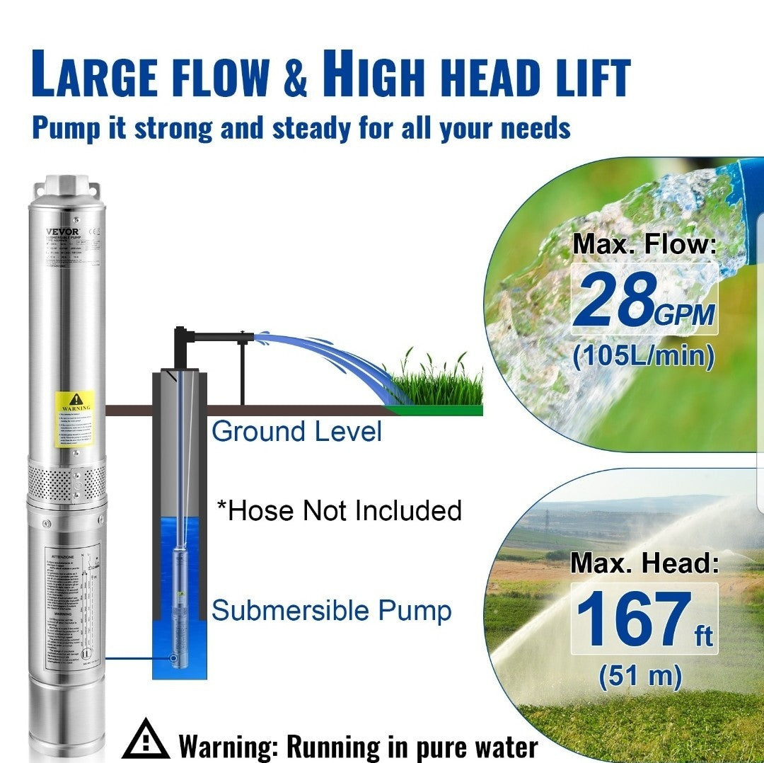 0.5HP Deep Well Submersible Pump 230V 28GPM 167ft Head 33ft Cord Stainless Steel