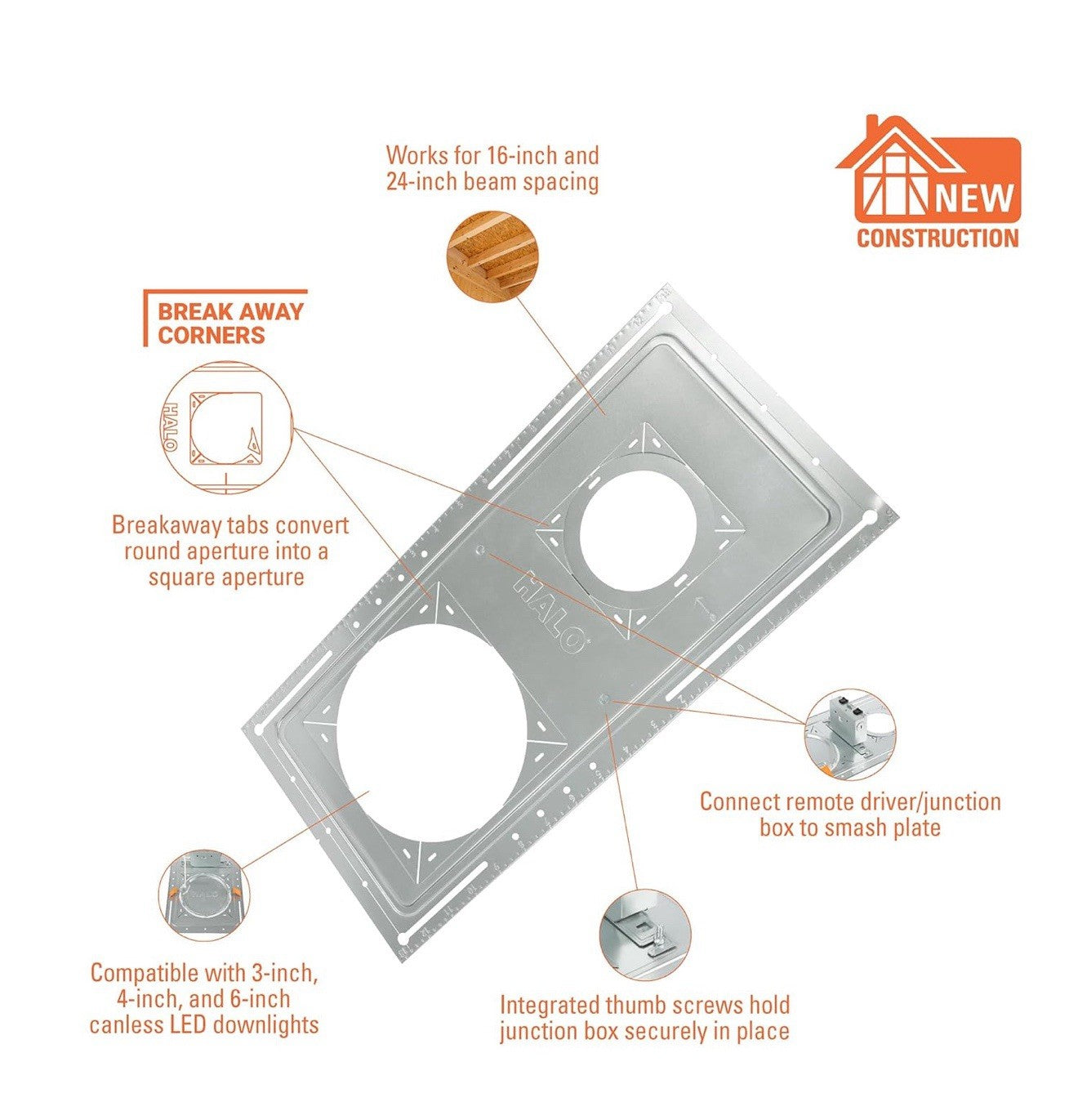 Halo Rough-in mounting smash plates for 3/4/6” Canless LEDs - SP346RS (12pk)