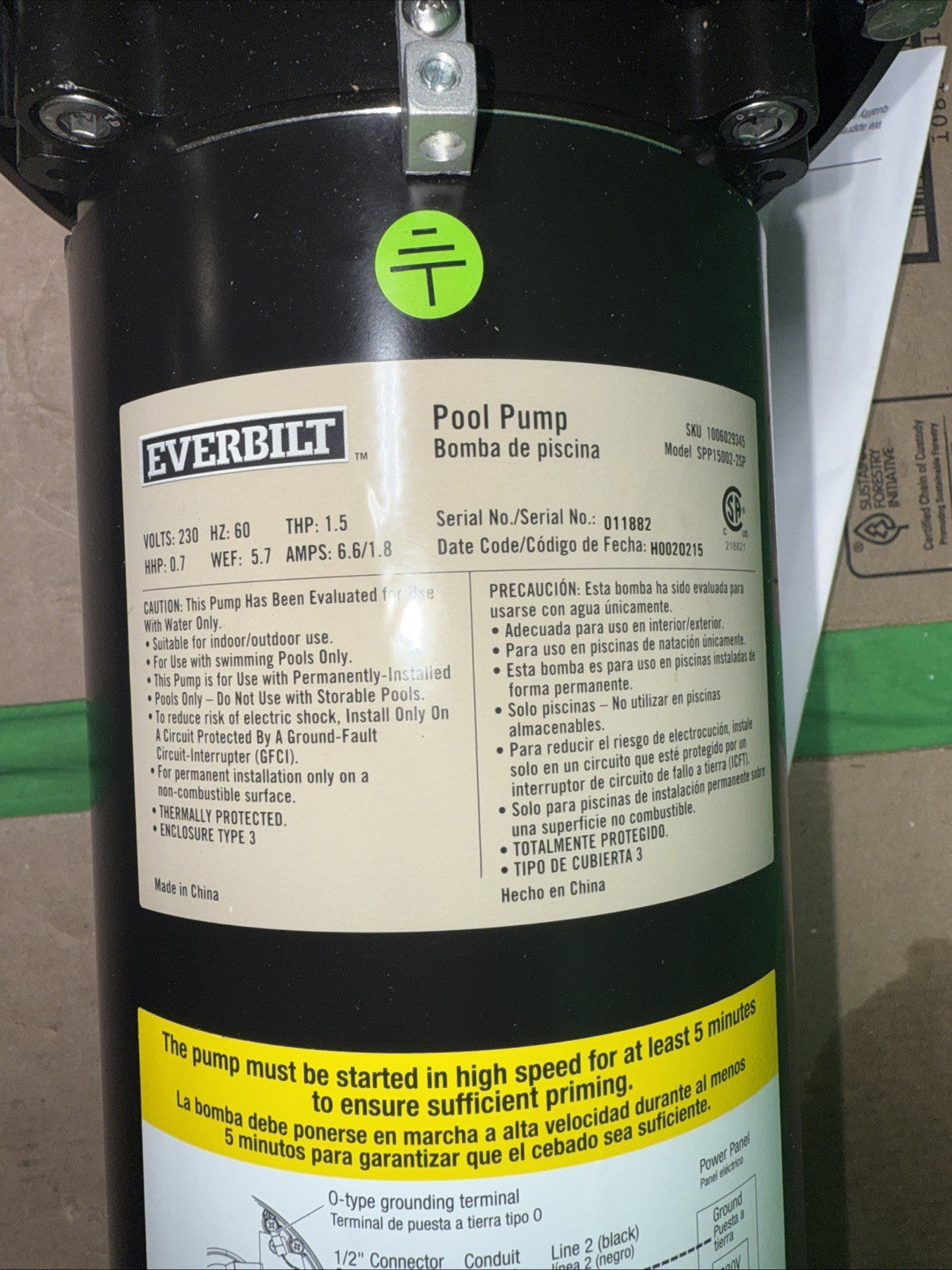 Everbilt 1.5 HP 2-Speed Pool Pump 230-Volt SPP15002-2SP *no unions*