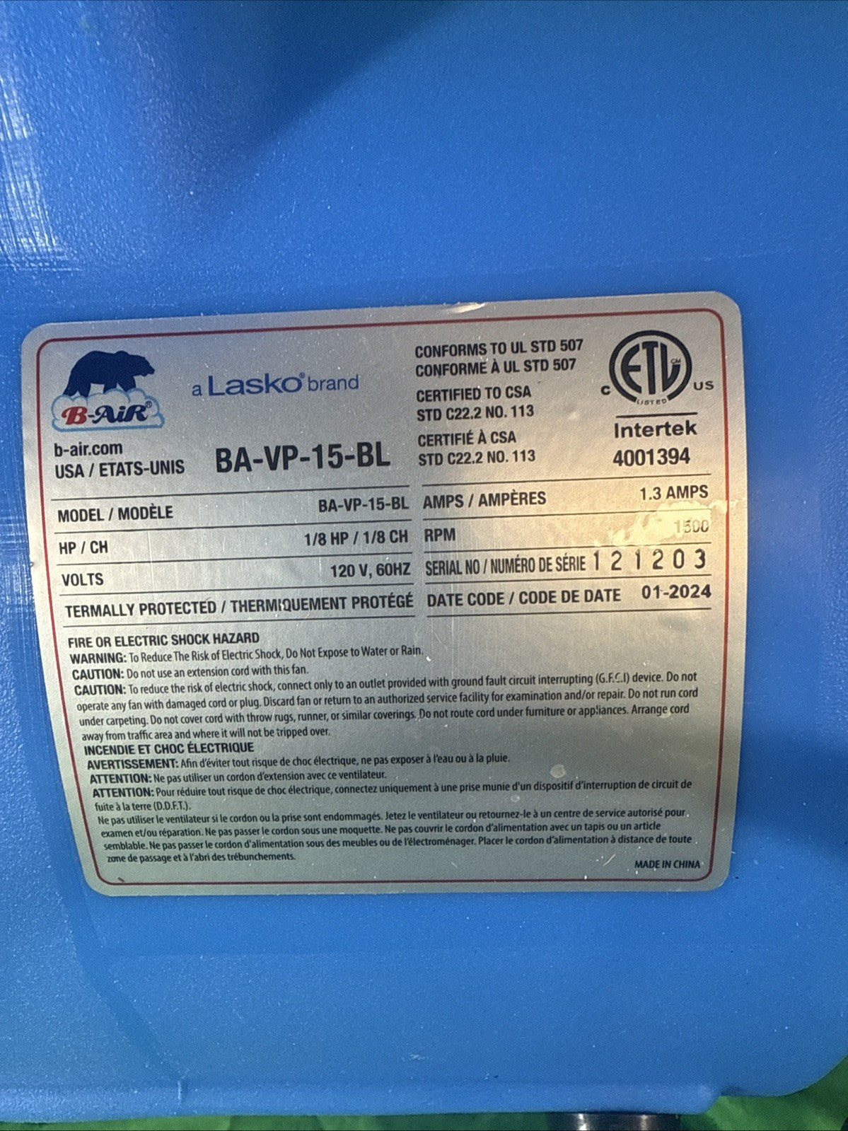 B-Air 1/8 HP Air Mover Carpet Dryer Floor Blower Fan for Home Use in Blue.