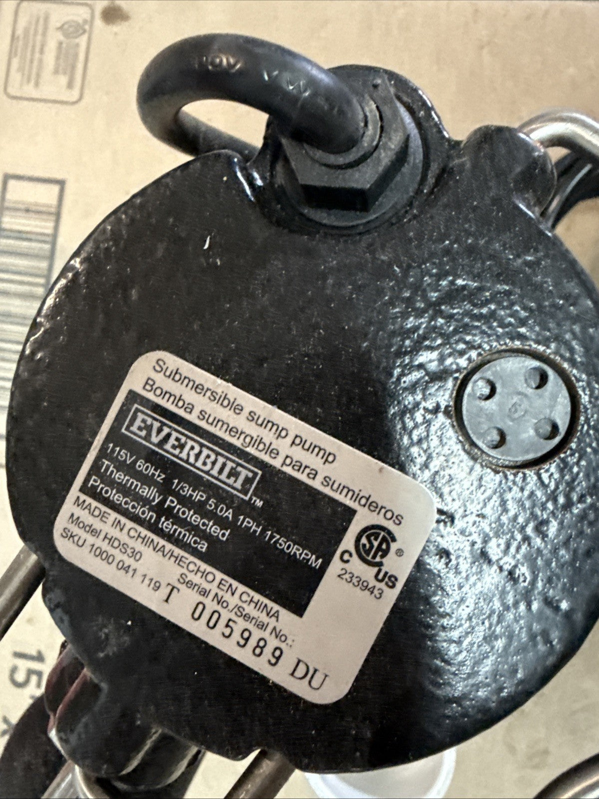 Everbilt 1/3 HP Cast Iron Submersible Sump Pump Used *Read Description*