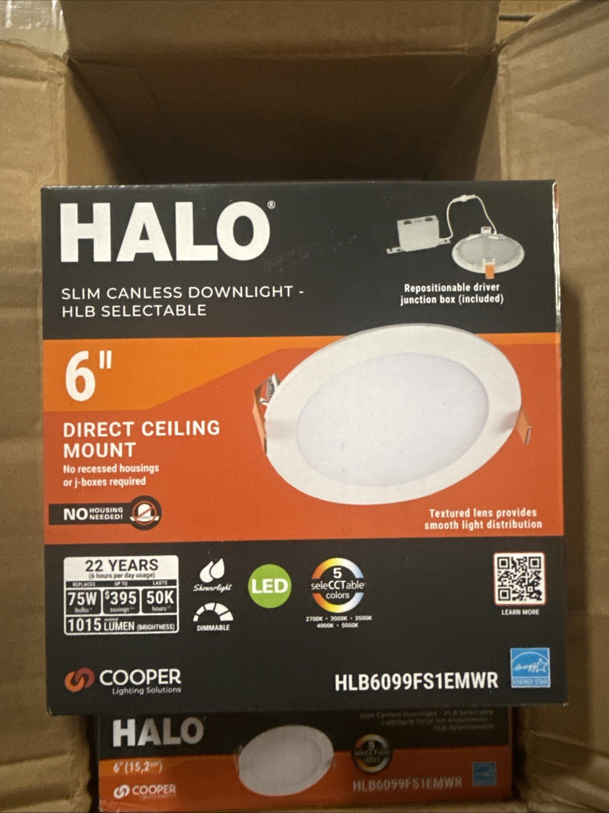 6pk Halo HLB6099FS1EMWR 6"White Round Integrated LED Recessed Light Direct Mount
