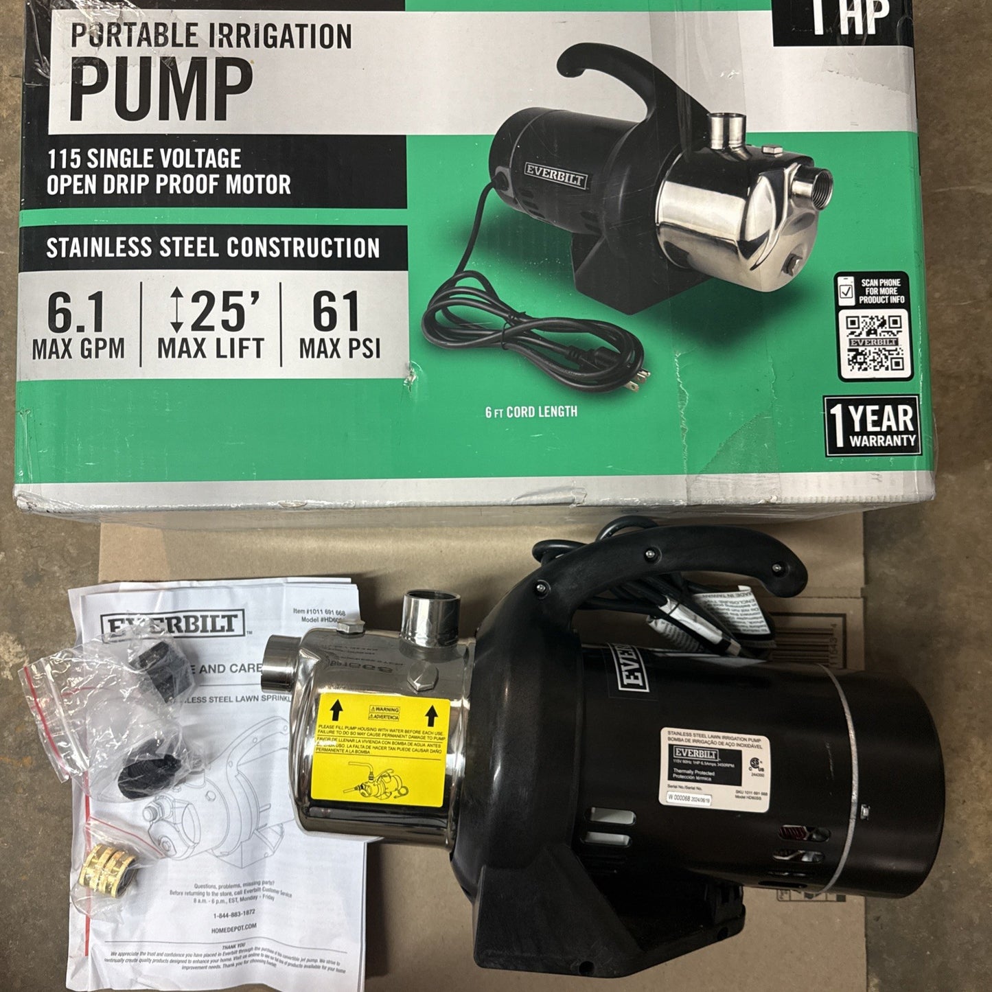 EVERBILT HD60SS 1 HP Stainless Steel Lawn Irrigation Pump NEW OPEN BOX