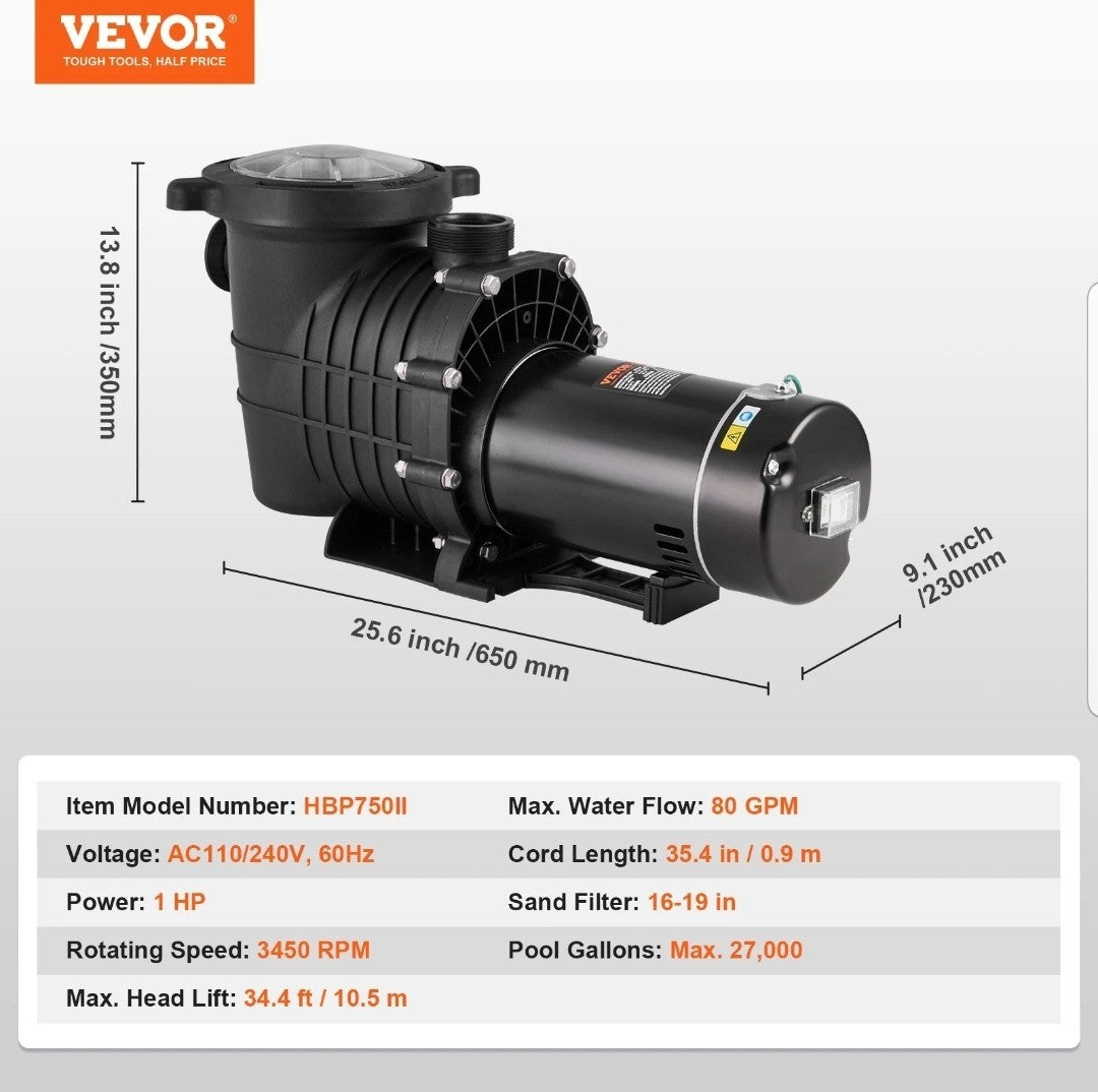 VEVOR Above Ground Swimming Pool Pump Single Speed 1 HP 80 GPM 110V / 240V