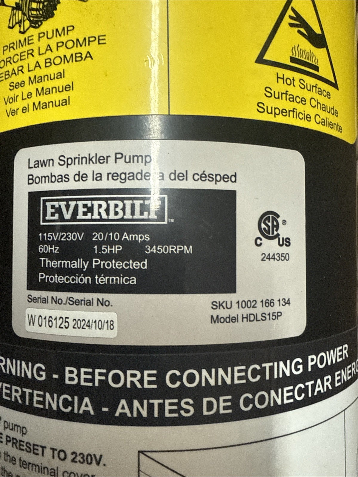 Everbilt Lawn Irrigation Pump Plastic 1.5HP HDLS15P PARTS ONLY