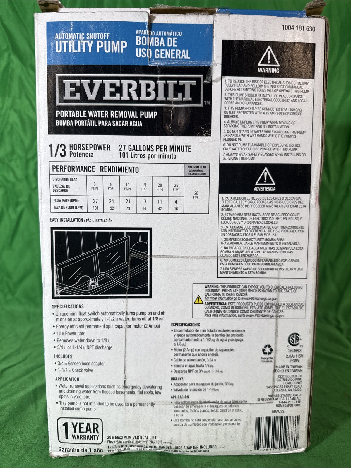 Everbilt HPEBAU33 1/3 HP Utility Pump Portable Water Removal Pump automatic off