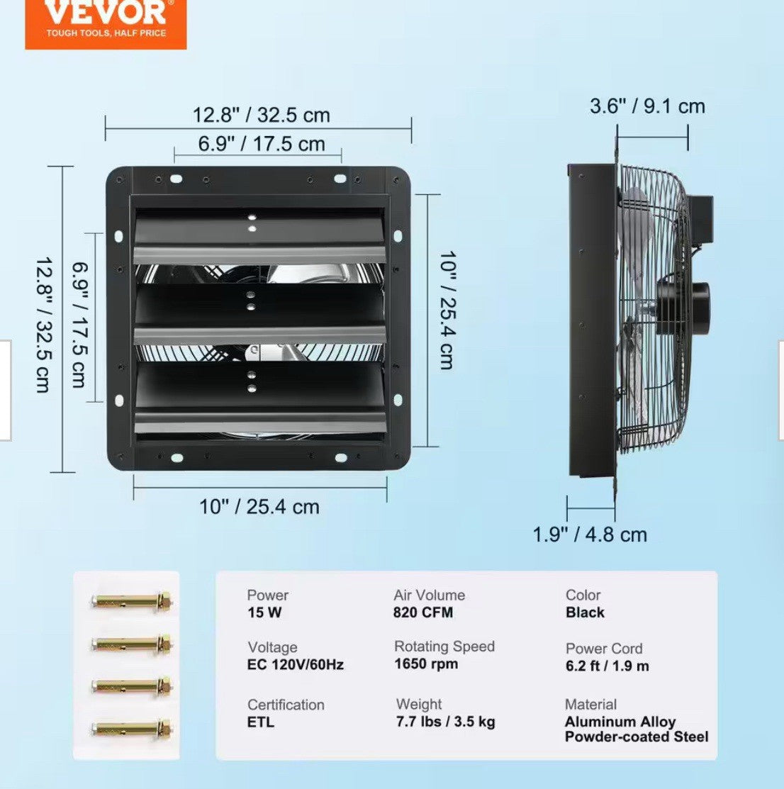 VEVOR Shutter Exhaust Fan Shop Exhaust Fan 10'' Remote Control Wall-mount Attic