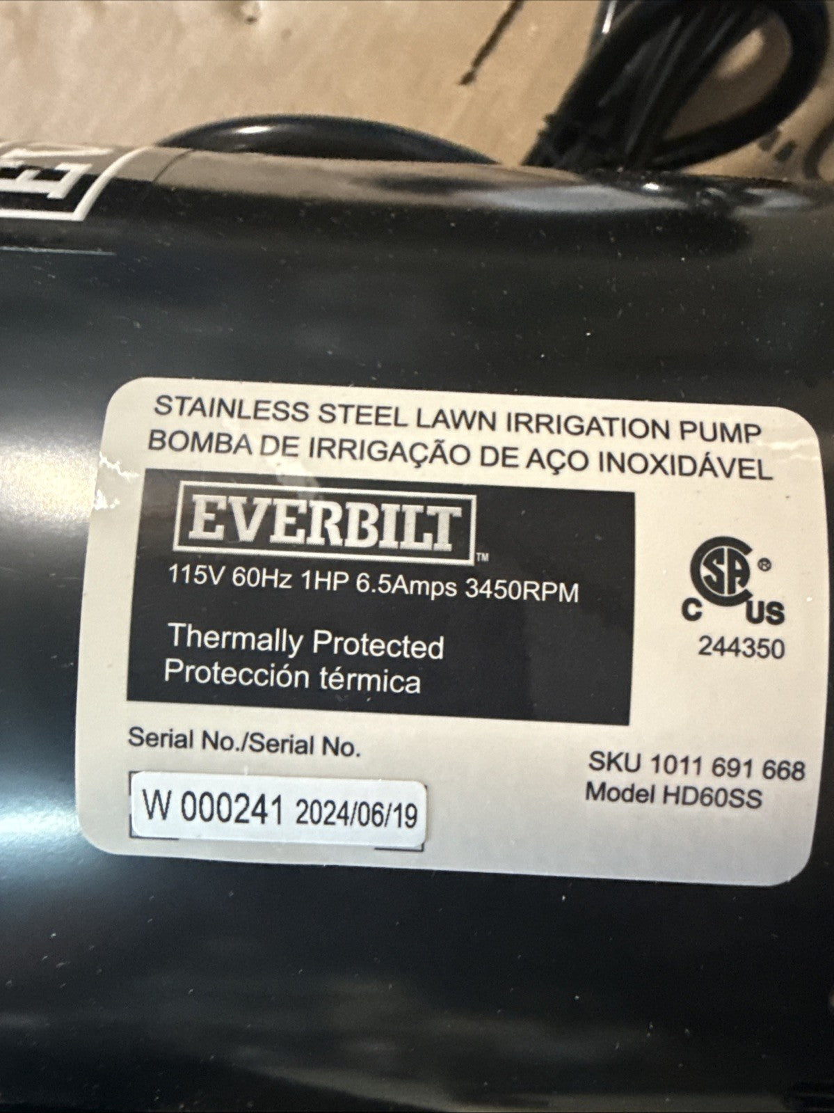 EVERBILT HD60SS 1 HP Stainless Steel Portable Lawn Irrigation Pump Used