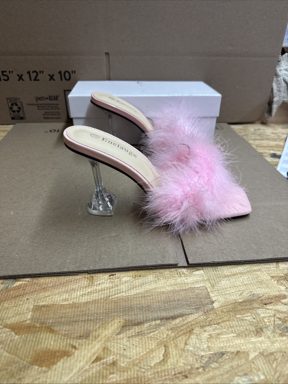 ENELAUGE women’s 8.5 square toe sandal fluffy feather high heels mules slip on