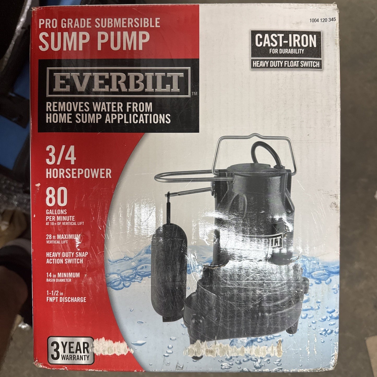 Everbilt 3/4HP Cast-Iron Pro-Grade Submersible Sump Pump 1004 120 345 HDS75