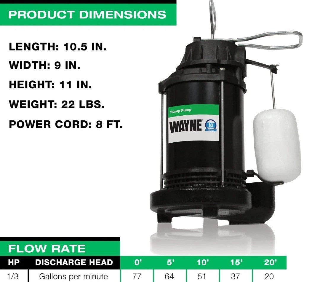 WAYNE CDU790 - 1/3 HP Submersible Cast Iron and Stainless Steel Sump Pump with