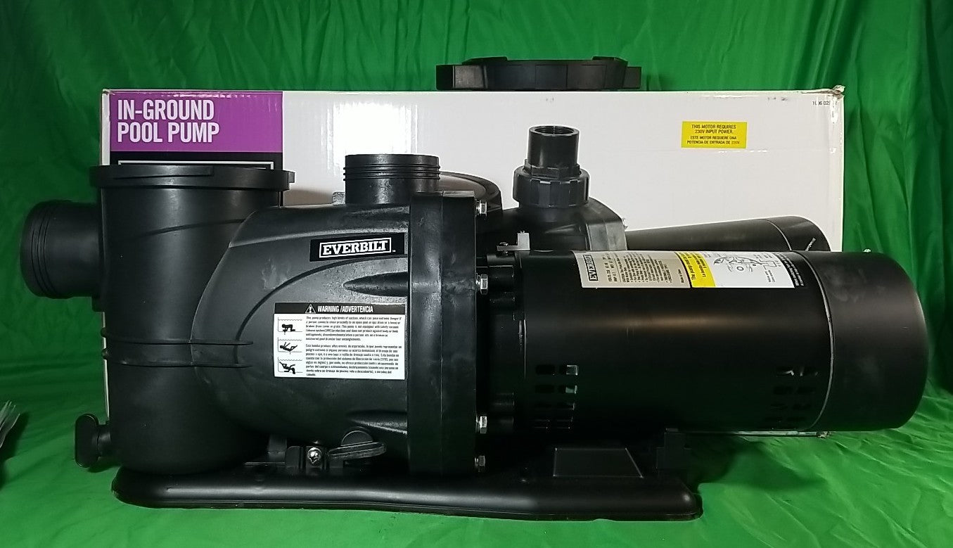 Everbilt Pool Pump Fan-Cooled Motor 1.5 HP 230V Has Unions.