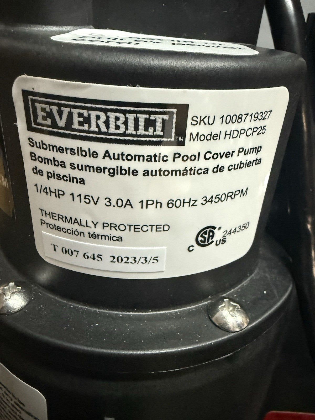 Everbilt Submersible Pool Cover Pump 1/4 Hp HDPCP25 - New Open Box Tested