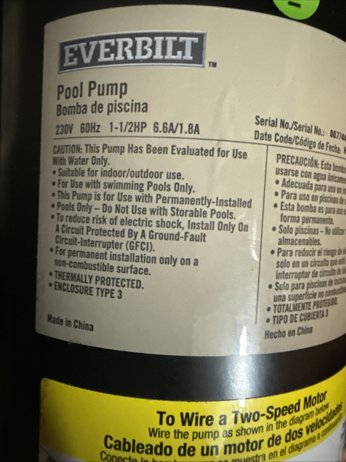 Everbilt 1.5 HP 2-Speed Pool Pump 230-Volt SPP15002-2SP NEW open Box