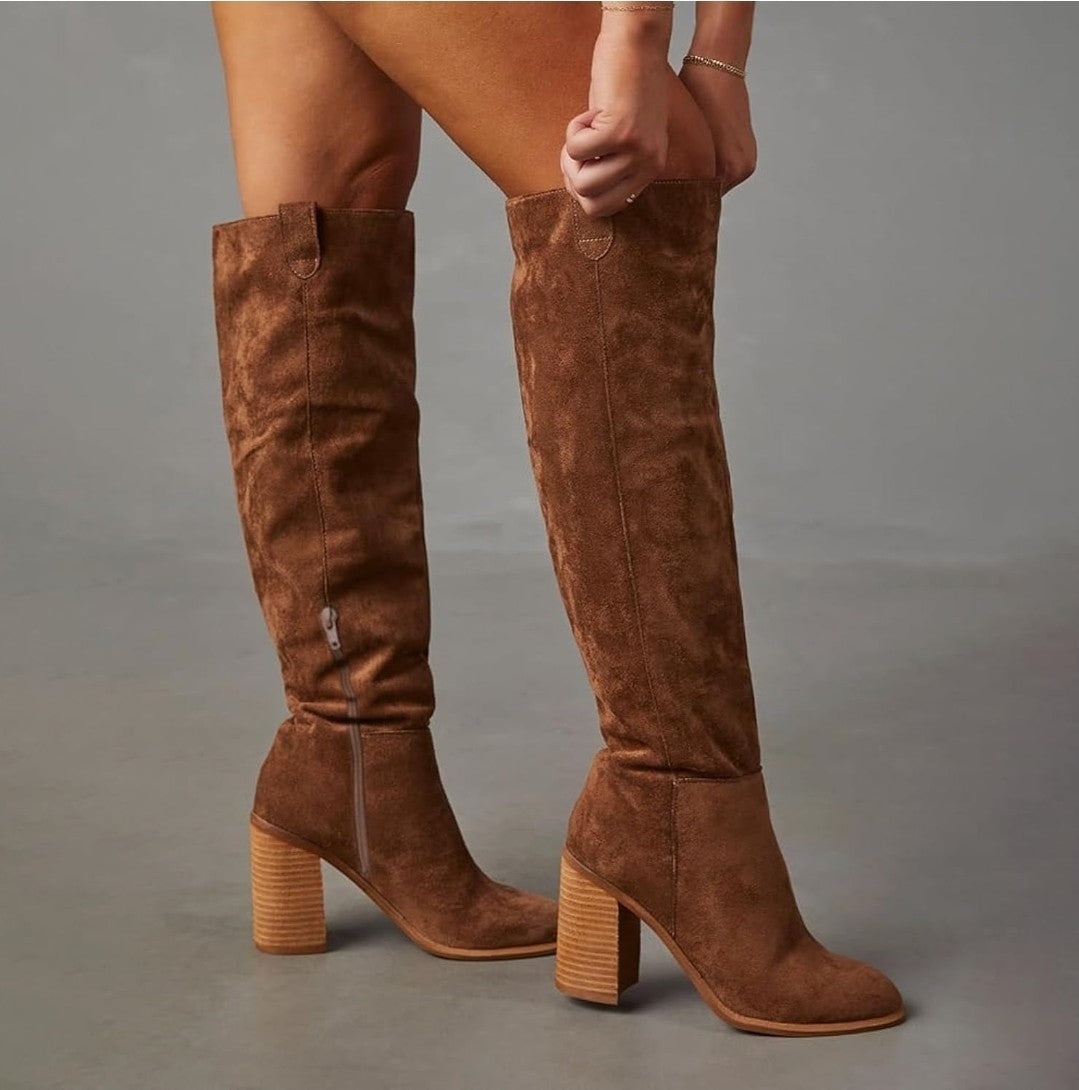 Suede Knee-High Boots Fall Boot For Women Chunky Block High Heel Slouch Fashion