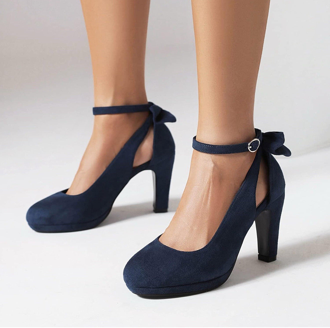 Women’s 10.5 Mary Jane Heel Bow Round Toe Suede Pumps Navy Blue