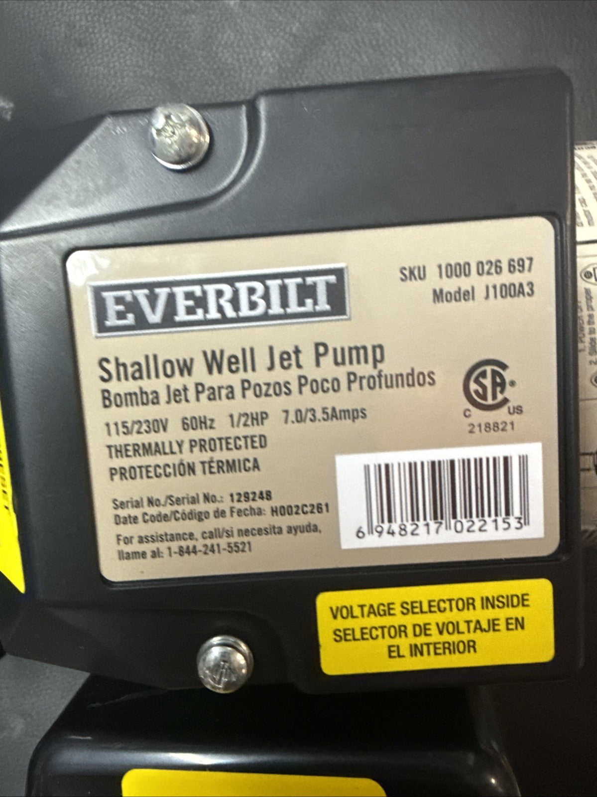 Everbilt Shallow Well Jet Pump Fresh Water for Home 1/2 hp 6 gal/min NEW OB