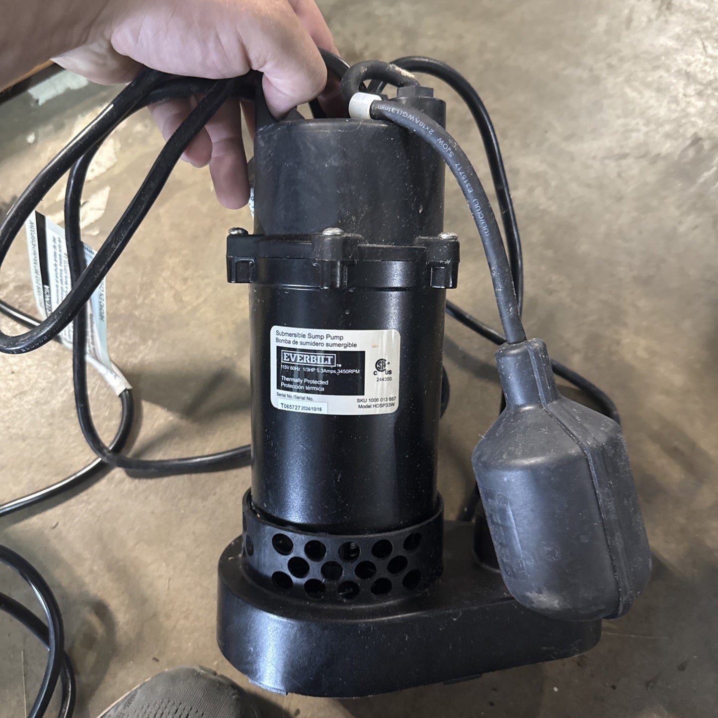 Everbilt 1/3 HP Corrosion Resistant Aluminum Sump Pump w/ Tether Switch Used