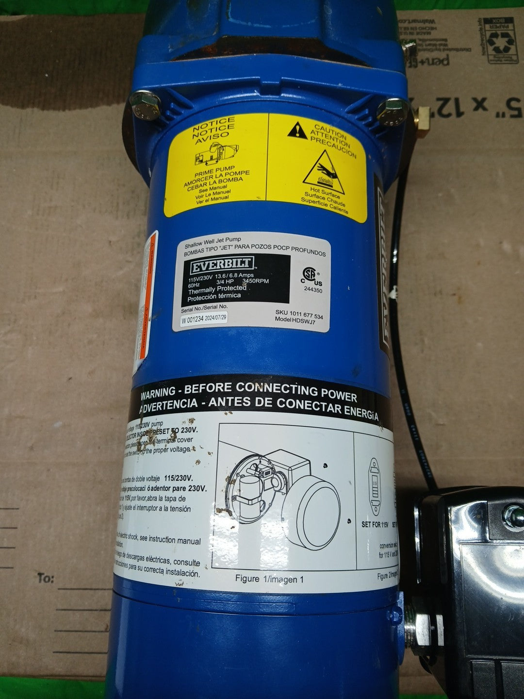 Everbilt 3/4 HP Cast Iron Shallow Well Jet Pump HDSWJ7 as is, Used Or For Parts