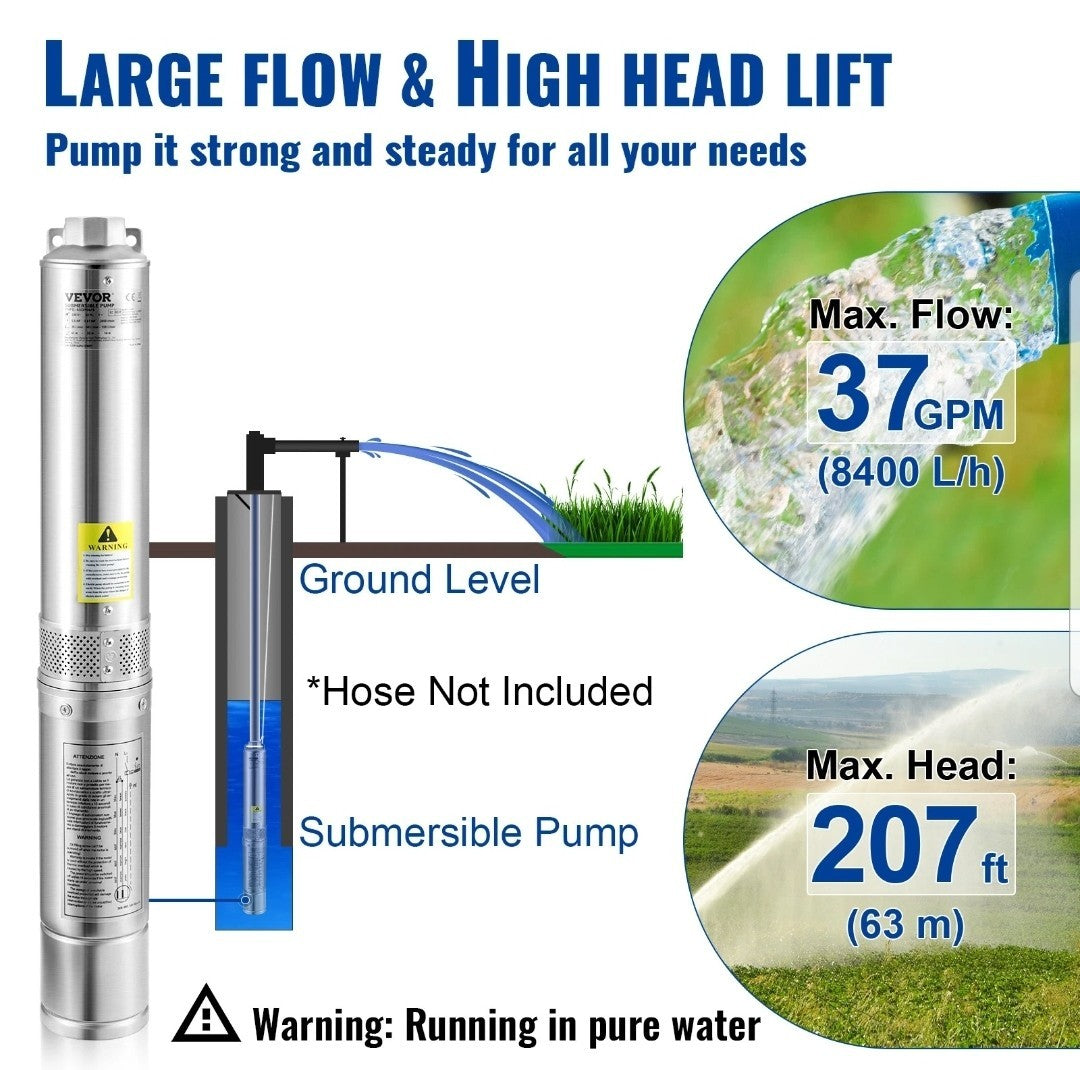 VEVOR Deep Well Submersible Pump Stainless Steel Water Pump 1HP 230V 37GPM 207ft