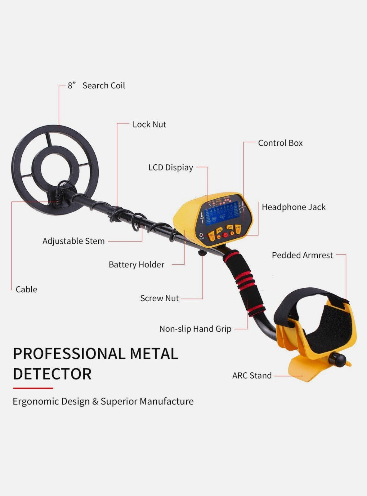 Canway OT-MD01 Metal Detector - Adjustable Digital Display, All Metal
