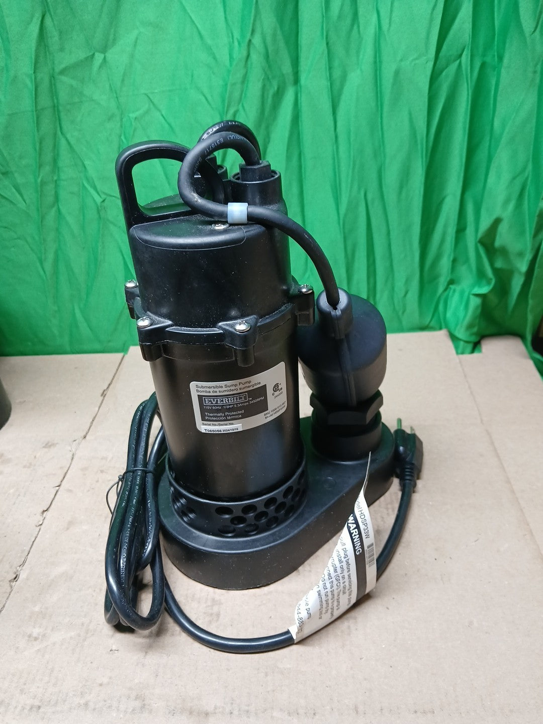 Everbilt 1/3 HP Corrosion Resistant Aluminum Sump Pump w/ Tether Switch Used..