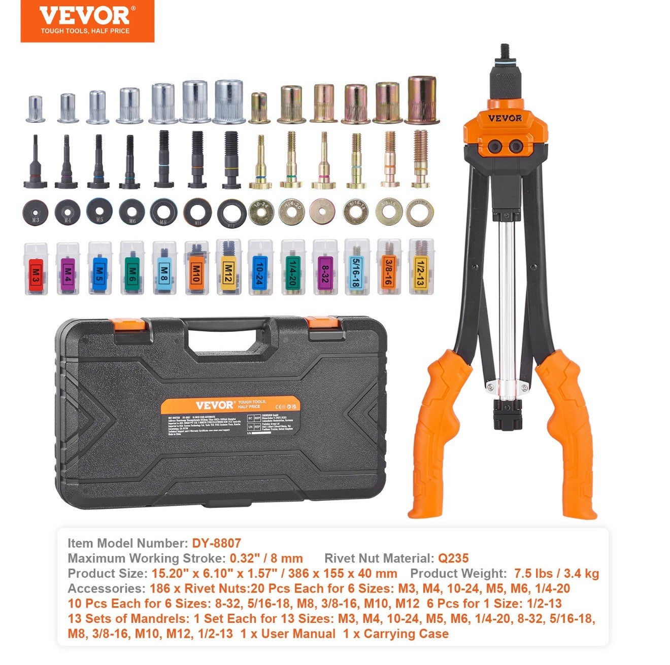VEVOR Rivet Nut Tool 16in Rivnut Tool Kit 13PCS Mandrels and 186PCS Rivet Nuts