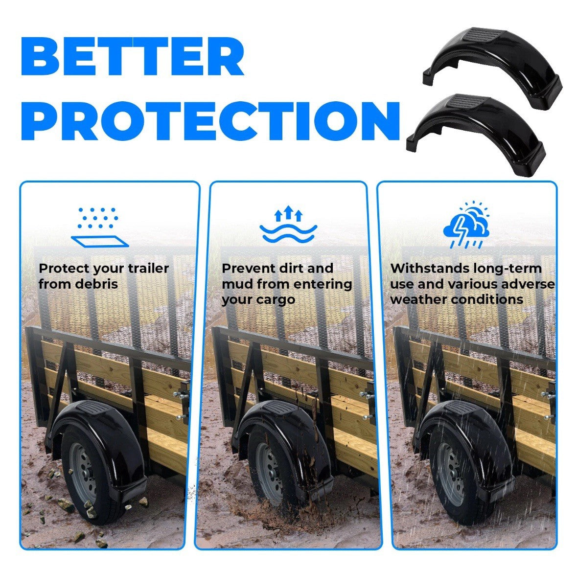 SET OF 2 (TWO) SINGLE AXLE TRAILER FENDERS 13" WHEELS TIRES SKIRT BOAT