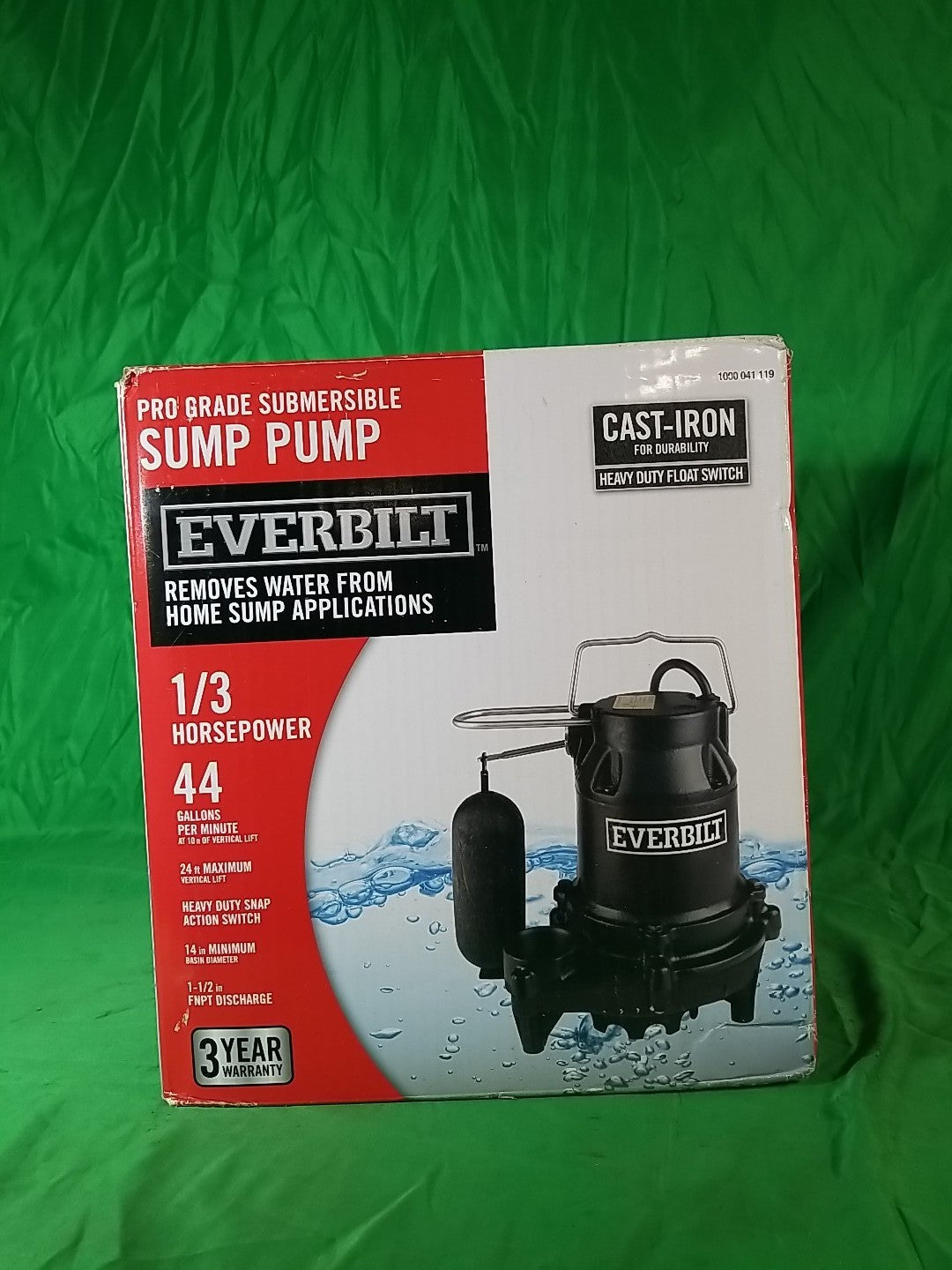 Everbilt 1/3 HP Cast Iron Submersible Sump Pump, USED Excellent Condition