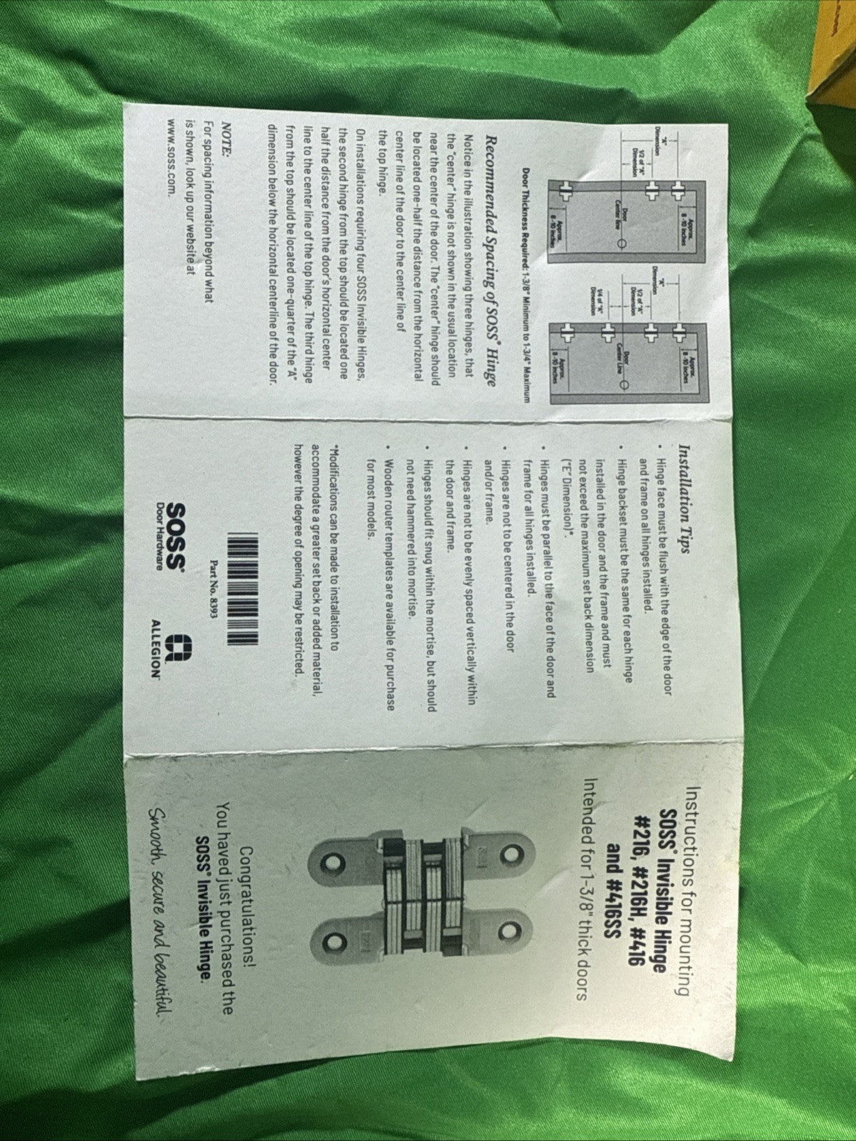 Soss Concealed Hinge Coated Black 1-3/8" Thick 20 Min Fire Rated 216US19 NEW