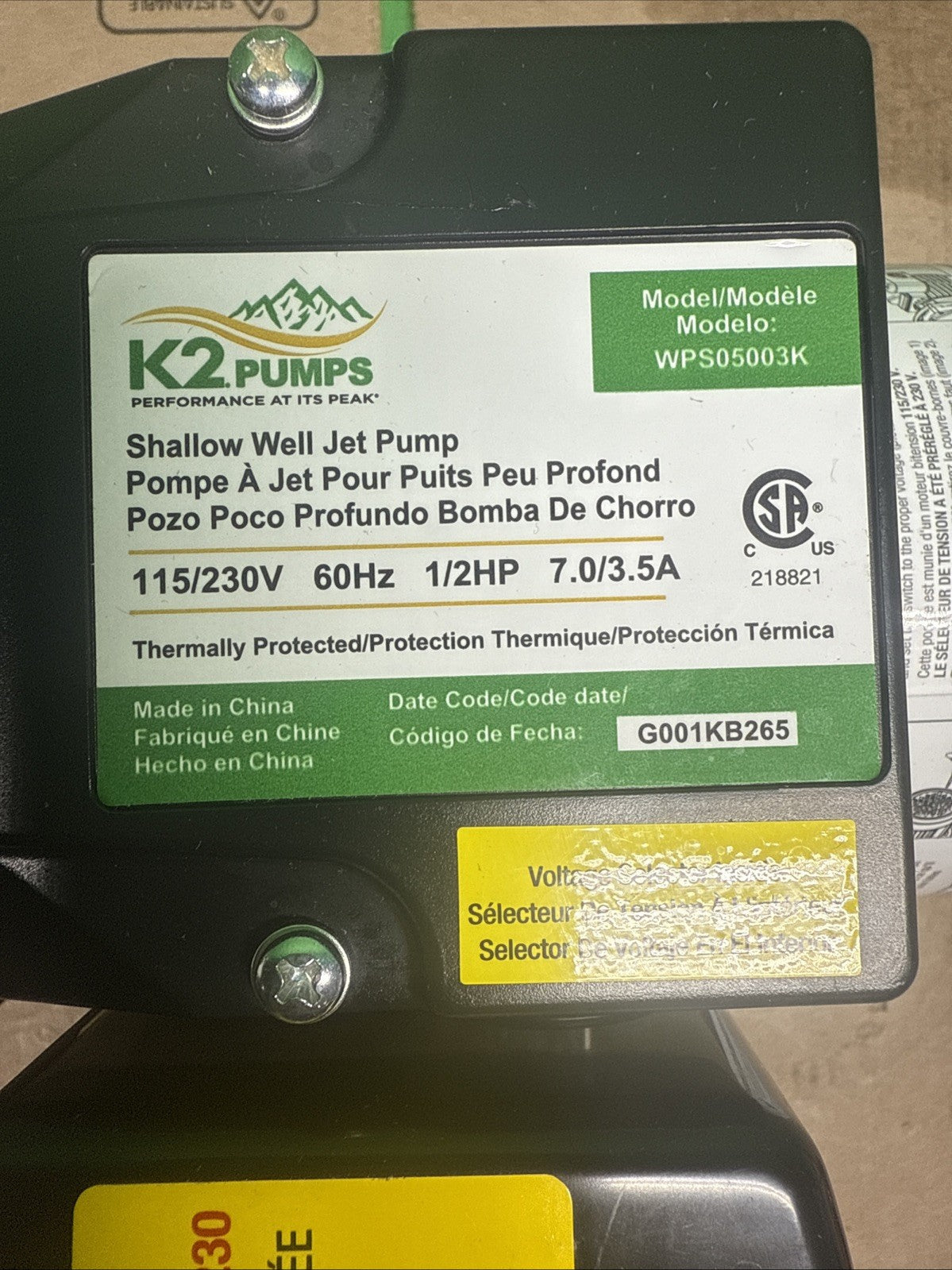 K2 Pumps Shallow Well Jet Pump 1/2 Hp Lead Free Thermoplastic 115/230V