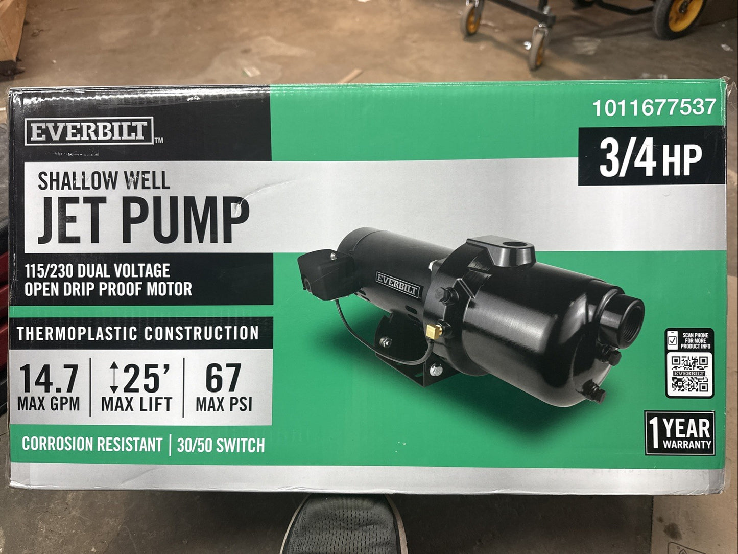 Everbilt Shallow Well Jet Pump Plastic 3/4HP HDSWJ7P NEW OPEN BOX.