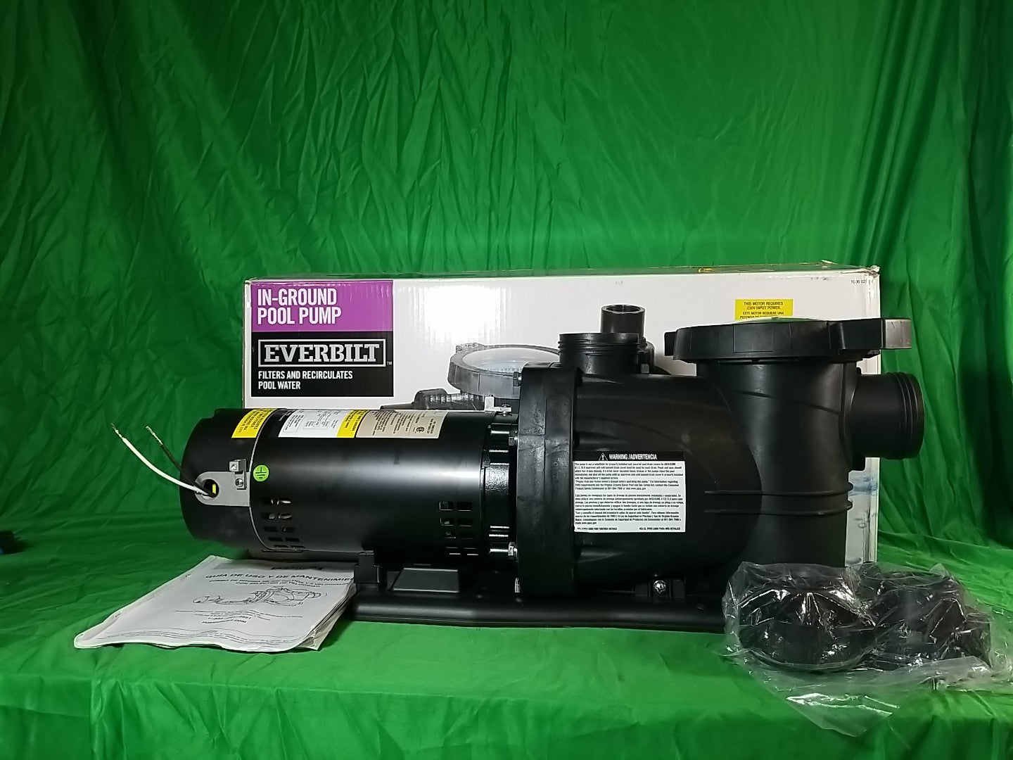 Everbilt Pool Pump Fan-Cooled Motor 1.5 HP 230V Has Unions.