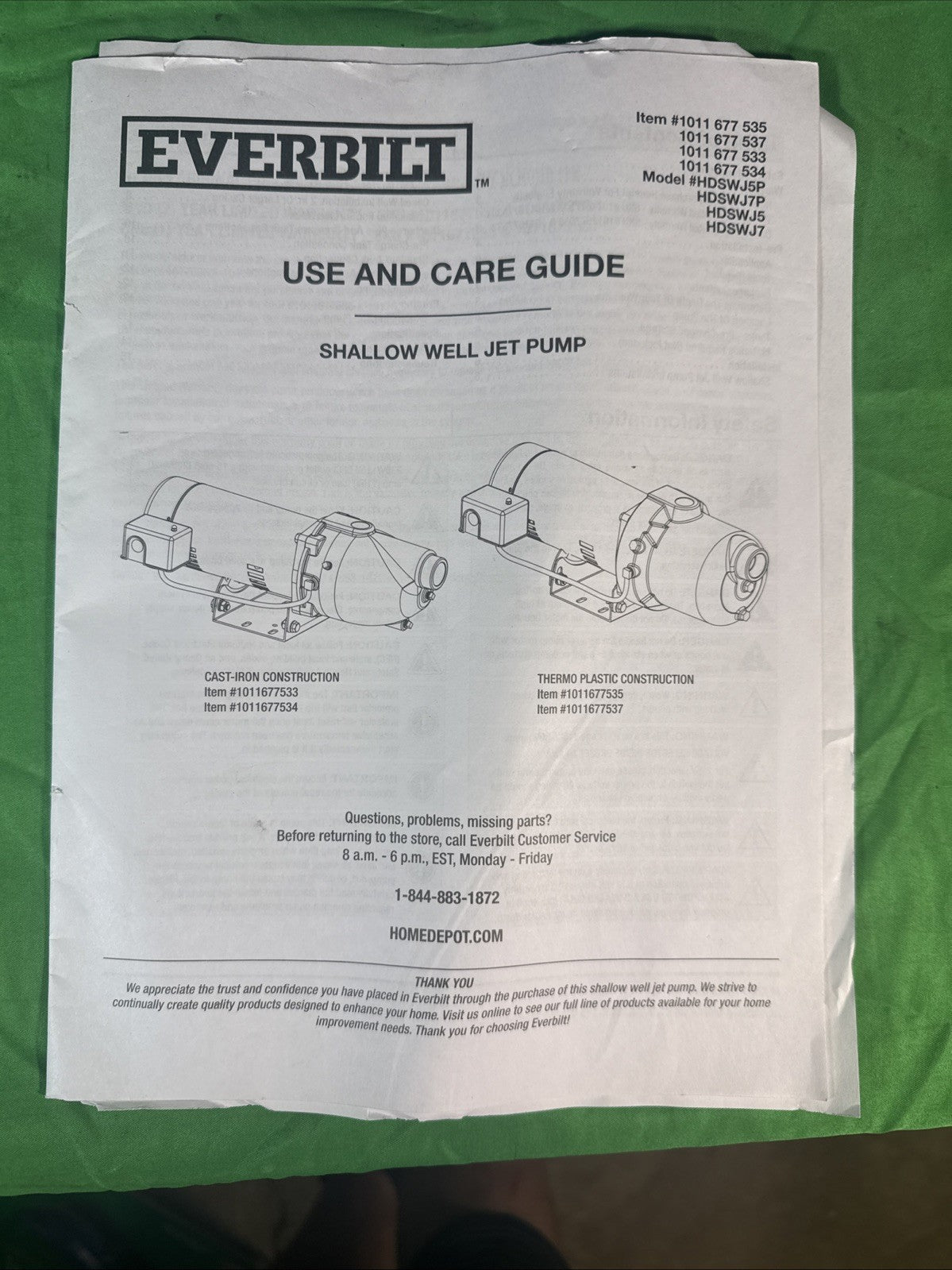 Brand New Everbilt 3/4 HP Cast Iron Shallow Well Jet Pump HDSWJ7