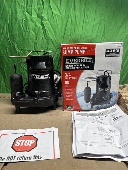 Everbilt 3/4HP Cast-Iron Pro-Grade Submersible Sump Pump 1004 120 345 HDS75 USED