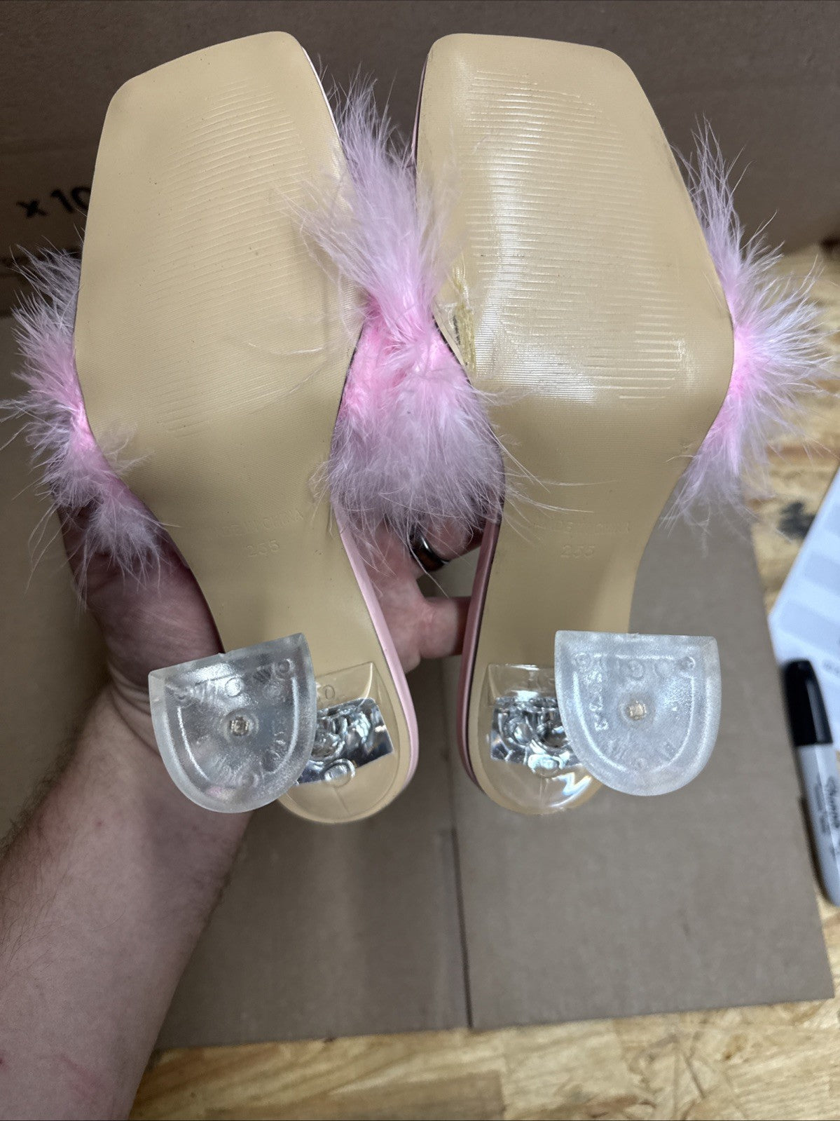 ENELAUGE women’s 8.5 square toe sandal fluffy feather high heels mules slip on