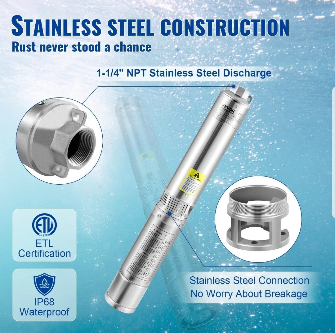 VEVOR Deep Well Submersible Pump Stainless Steel Water Pump 1HP 230V 37GPM 207ft