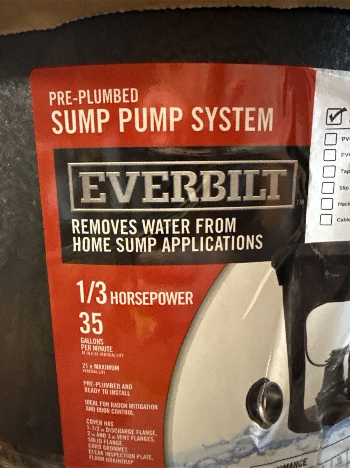 Everbilt THD1095 3/10 HP Pre-Plumbed Sump Pump System